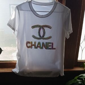 Chanel White Short Sleeve Logo Tee with Multicolor Embellished Logo